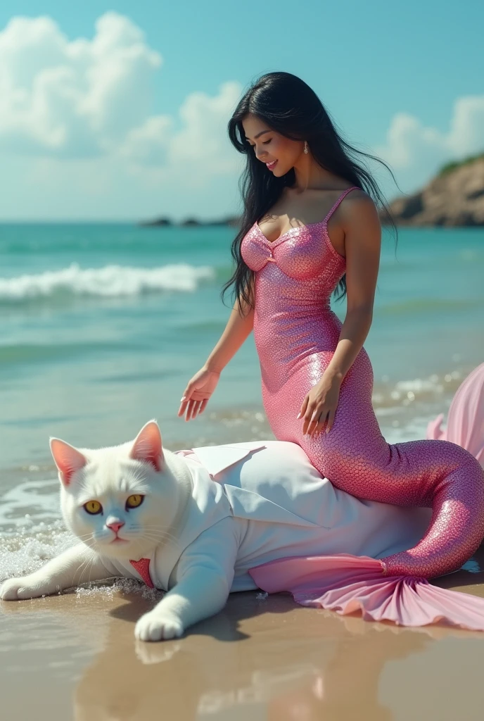 Make a Mermaid with light black skin sitting on the beach sand next to a yellow Pitbull