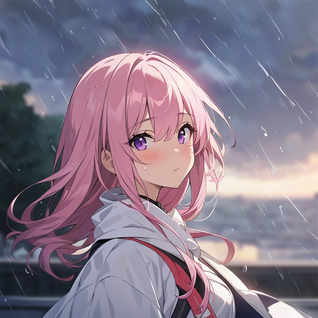 masterpiece，high resolution，Anime Art，Anime Numbers， 4k anime wallpaper，Radiant Skin，Looking at the camera，Solitary，An anime girl，blush，Pink Hair，Purple Eyes，Facing the audience，Upper body close-up，Rainy Day，Cloudy background