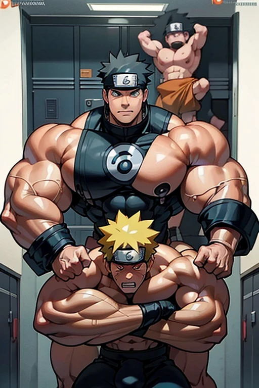 Naruto Uzumaki and his clones stand in a locker room being brainwashed by Sasuke's Sharingan to be big dumb muscle thralls with slumped shoulders and slack jaws saying, "Bigger ... dumber.... Must ... obey ... Uchihah Clan.... Yes, Master Sasuke, ... I am too stupid to lead. I am your dumb muscle thrall. I obey.... Stare. Sink. Dumb. Obey. Flex. Serve. Grow. Obey. I obey.... We obey.... Obey Master Uchihah.... All will serve. All will obey.... Assimilate. Convert. Obey...." Hyper muscles. Big biceps. Big triceps. Big traps. Broad shoulders. Big meaty pecs. Big deltoids. giant hyper swollen crotch bulge. Bro. Meathead. Musclehead. Dumber and dumber. IQ drain. Brainwash. Brainwashed. Brainwashing. Hypnosis. Hypnotized. Trance. Entranced. Brute. Brutification. Hairy chest. Hairy armpits. Treasure trail. Stubble. Muscle. Obedient thrall. stupid. vapid. Stupid stare. vapid stare. Dullard. Dimwit. Dimwitted. Entranced. Bro. Hung. Well endowed.