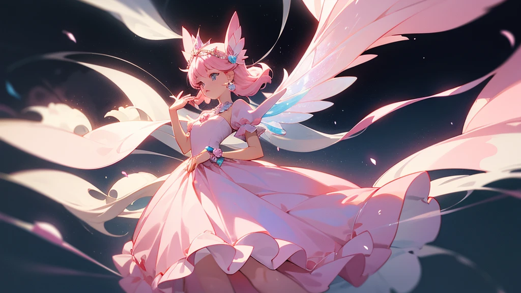 She has long pink hair and half-twin outfit. She is wearing a frilly pink one-piece dress. The background is pink with a crescent moon and lots of butterflies.