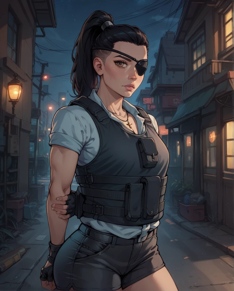 score_9,score_8_up,score_7_up,
Regina,brown eyes,black eyepatch on right eye,black hair,ponytail,undercut, small breasts, fit toned body, wide curvy hips, big ass,
shirt,vest,cross necklace,looking at viewer,fingerless gloves,black shorts,
night,police office,science fiction,standing,arms behind back,
looking at viewer,solo,