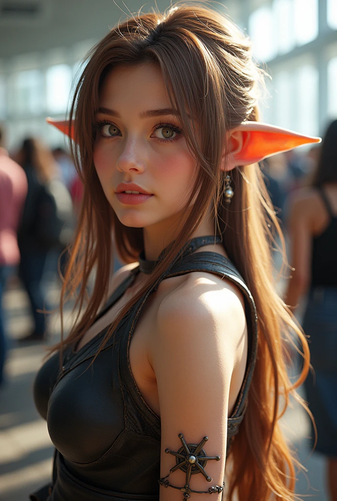 Ultra-detailed complex 3D rendering of the face, (Colossal: 7.8), (Skindent: 3.5), (Masterpiece, Top Quality, Octane Rendering, 8K), Glamour Shot Full Body Image, Very Beautiful Young Elf, cleavage, swimsuit, Single, Micro bikini, Long Braided Blonde Hair, (Gray Hair), Big Breasts, Wearing Gold and Red Intricate Super Armor, Ultra-realistic photos ((( Portrait))), wearing an intricate pink cloak, bare feet, futuristic city background, facial muscles, in the style of Marvel Comics, ArtStation Trends, Clear Focus, Studio Photography, Intricate Details, Very Detailed, Detailed Blue Eyes, Illustration, Very Detailed, Sharp Focus, Digital Rendering, Professional, Abs