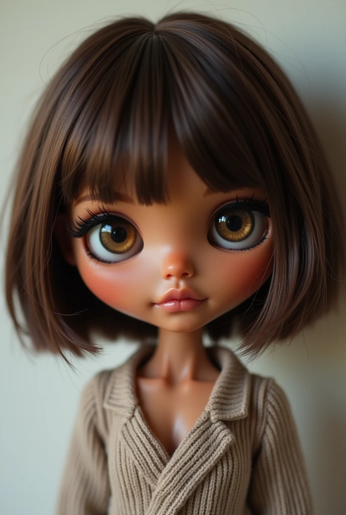 A Blythe doll with dark brown eyes and bangs, wearing a cute crop top 