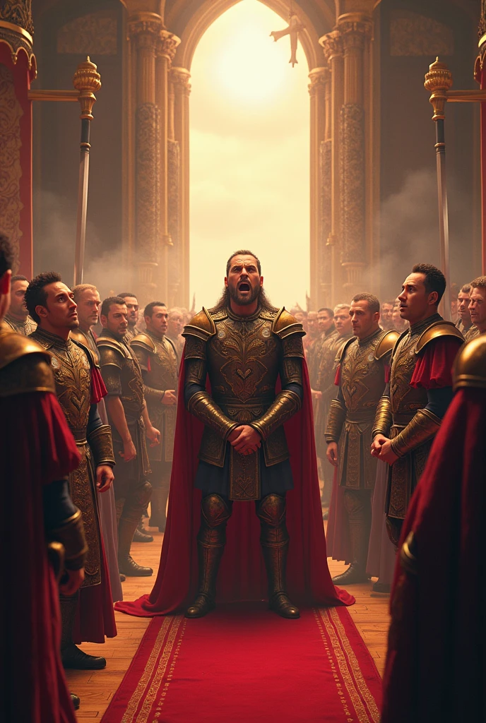 Crie uma imagem que represente o imperador Augusto em seu leito de morte, com as pessoas reunidas ao seu redor,