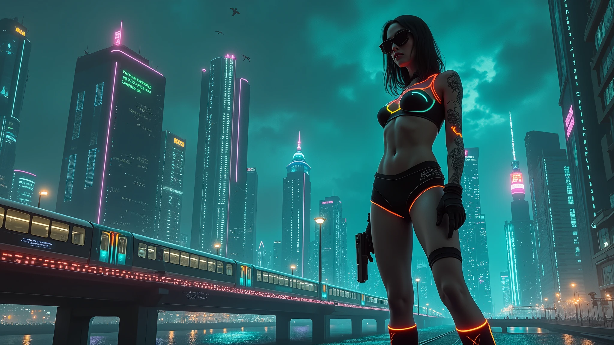 20-year old large-breast woman with cleavage:1.4, 1woman, solo, 3D neon art of a woman's body, (with low angle view), (((((matrix style black micro sunglasses, black bra and very short black miniskirt, white G-string panty))))), (((aiming with a short gun))), (looking at camera), aerial view of blade runner neon-noir city background, (((Matrix cascading code))), (((1drone alone above city))), perfect composition, beautiful detailed intricate insanely detailed octane render trending on artstation, 8K artistic photography, photorealistic concept art, soft natural volumetric cinematic perfect light, chiaroscuro, award-winning photograph, masterpiece, oil on canvas, Raphael, Caravaggio, Greg Rutkowski, Beeple, Beksinski, Giger