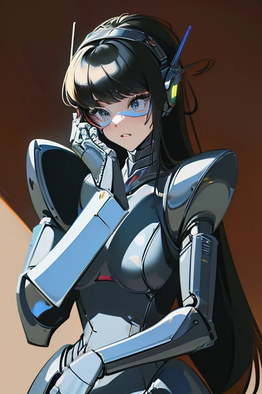 (masterpiece),(Highest quality),(Super detailed),(Best illustrations),(Best Shadow),(Absurd),(Detailed Background),(so beautiful), 16K, 8K, 4K,(Best Shadow),robotization,woman ,big bust,Robot Joint ,Metal skin,Black robot Suit,long hair,a black robot suit that covers the whole body,robot hand,cyber bodysuit,mecha head,robotization, transforming into robot,(Detailed hands and fingers:1.2),perfect anatomy,cybernetic girl,sci-fi armor