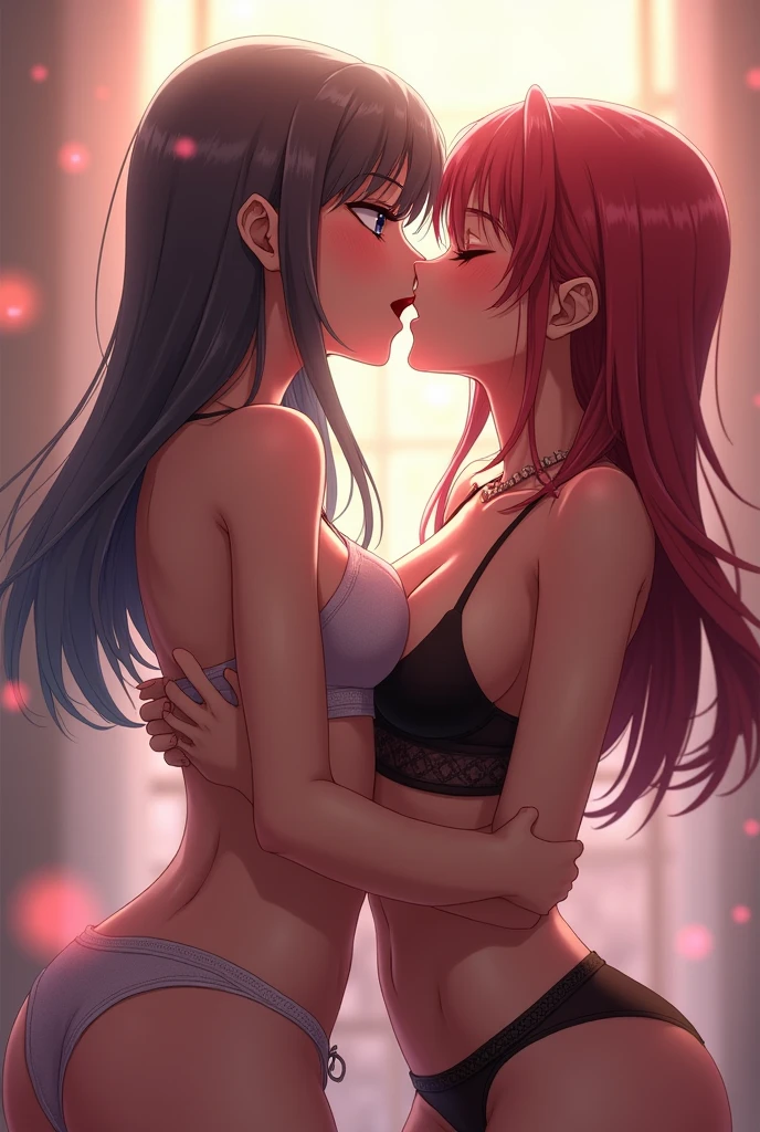 Two anime girls,big boobs and big asses, (transparent lingerie) , on a bed kissing passionately, (wet panties 1.9), and their faces of great satisfaction, One above the other, (sex 1.9) , (penetration 1.9) 