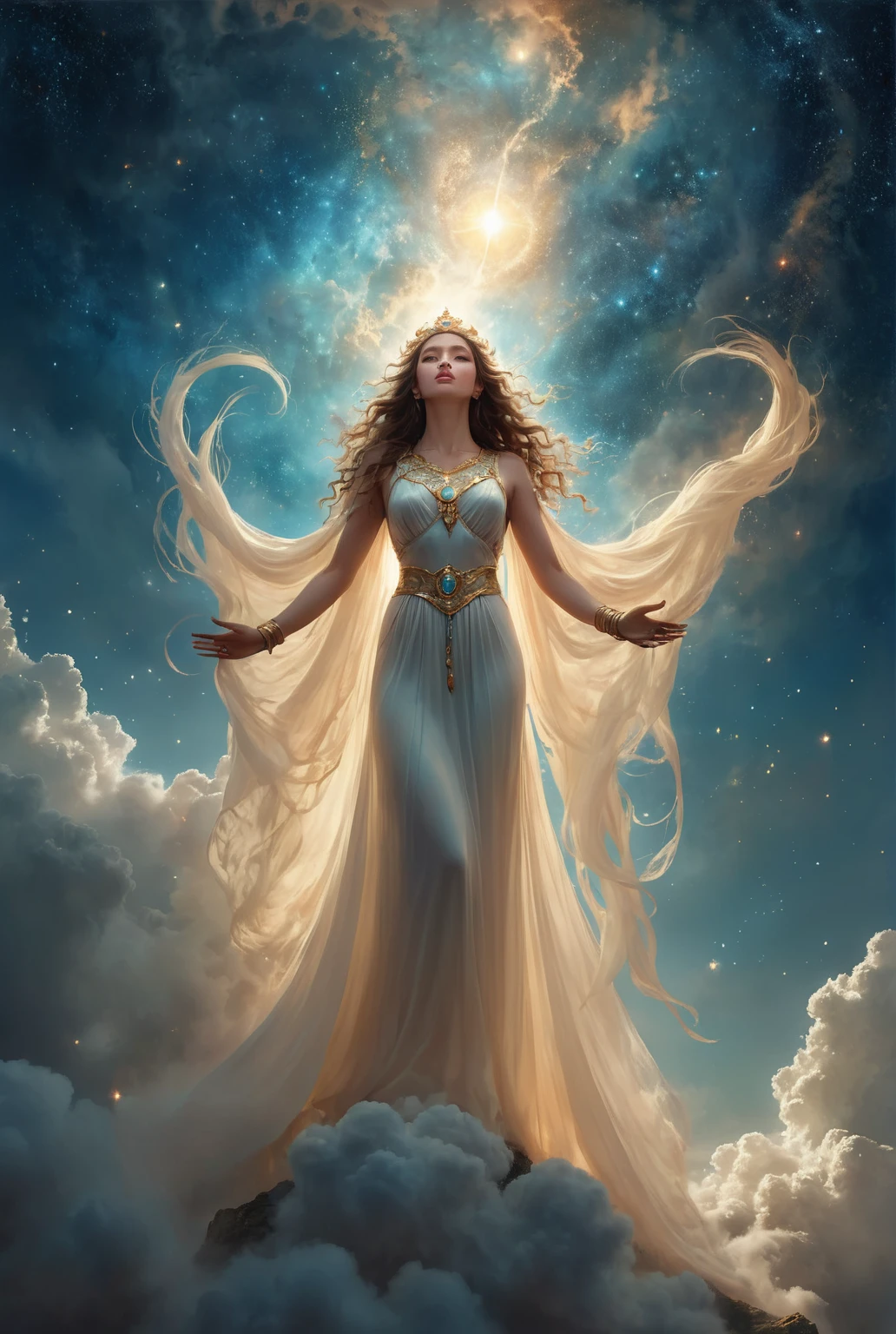 A woman in a long dress standing on a hill covered in clouds, celestial goddess, goddess of light, a stunning portrait of a goddess, Beautiful fantasy art, A surprisingly young and mysterious person, very Beautiful fantasy art, Beautiful fantasy art portrait, Breathtaking fantasy art, beautiful goddess, By Alexander Kucharski, goddess. Extremely detailed, earth goddess mythology, cloud goddess