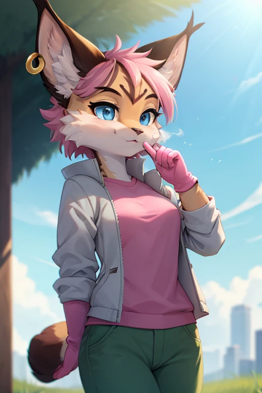 (anthro furry:1.2),1girl, solo,  MiyuCzar, female, lynx, (brown fluffy fur, lynx ears, blue eyes, small breasts, disheveled thick short pink hair, gold hoop ear ring), (grey jacket, pink shirt, green pants, gloves), (standing, blowing kiss,), (masterpiece:1.2), hires, ultra-high resolution, 8K, high quality, (sharp focus:1.2), clean, crisp, cinematic, 