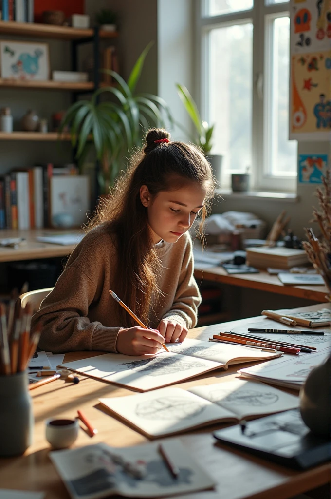 I want a girl with her back turned with a paintbrush in her right hand in a uniform, beige pants, polo shirt and green sweater. Make the girl look like she's painted with acrylic