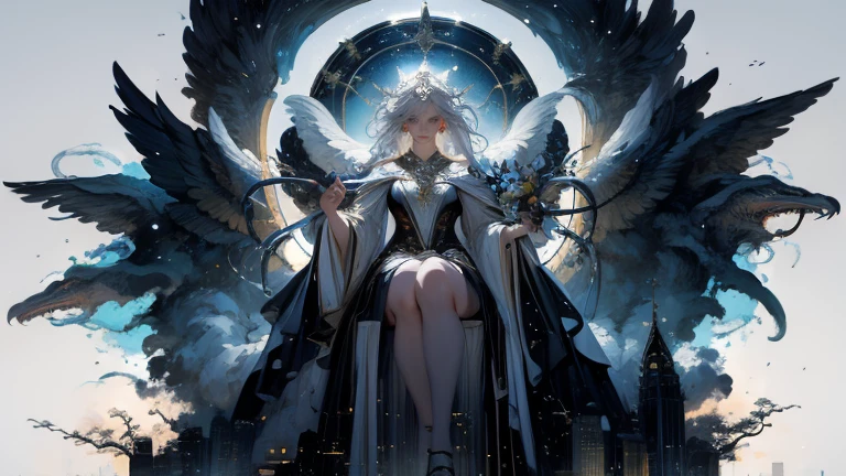 ((celestial being)), in a sky city, floating in a city, giant