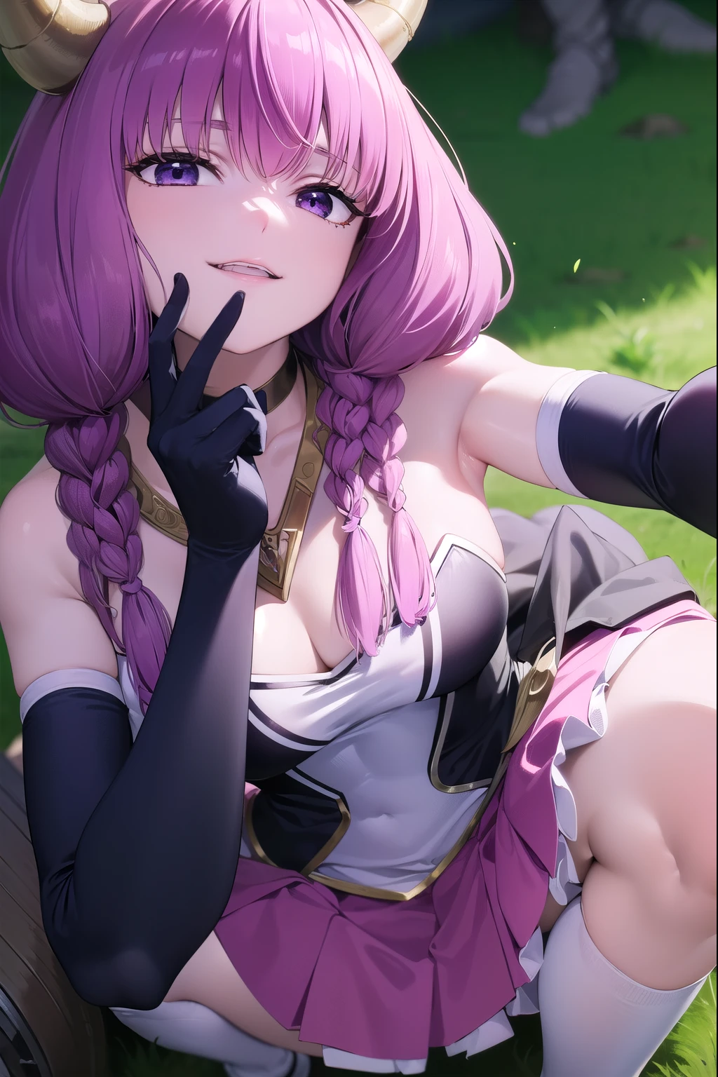 Aura the Guillotine, Aura the Guillotine, Long Hair, (Purple eyes:1.1), Purple Hair, Braiding, horn, twin Braidings, smile,
break skirt, Knee socks, gloves, Choker, black gloves, elbow gloves, Magical Girl,
break outdoors,
break looking at viewer,
break (masterpiece:1.2), Best Quality, High resolution, unity 8k wallpaper, (figure:0.8), (Beautiful fine details:1.6), Highly detailed face, Perfect lighting, Highly detailed CG, (Perfect hands, Perfect anatomy),