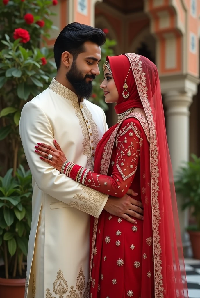 muslim Bride in golden sharee with Matching hijab and bright maroon veil. No skin or hair will be visible. groom in golden kurta with modern maroon waist coat over the kurta. he wont have any hat or any beard.