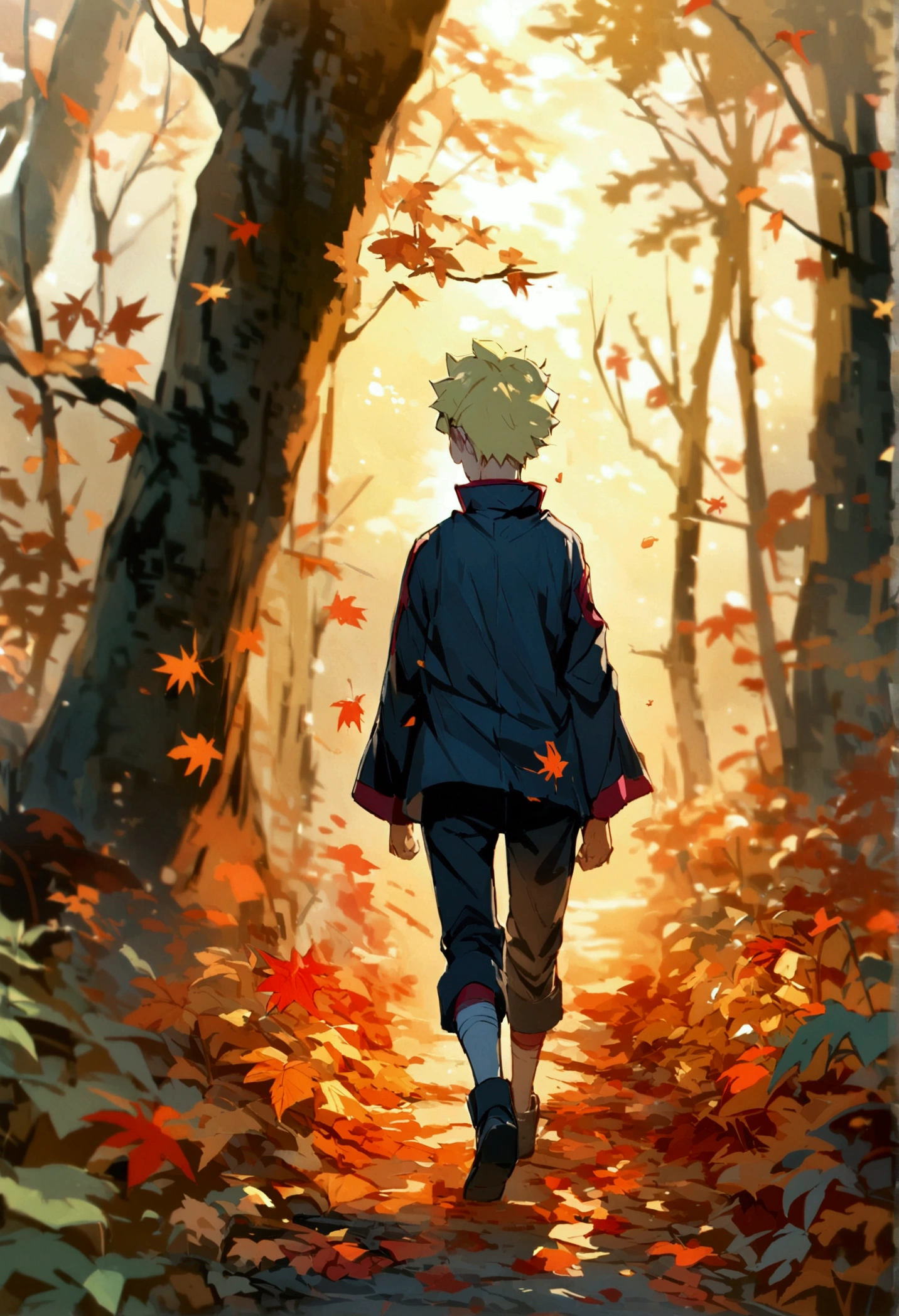 Boruto,boy,solo,age 12,blonde hair,spicky short hair,walking in forest and leaves,boruto uzumaki