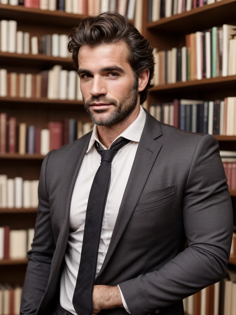 hair, portrait of a ruggedly handsome, muscular, half body, masculine, mature, Retrato de un joven, Muscular very handsome and attractive italian men, Retrato de un joven, real, 40-year-old dark-haired man with a fit body shape and hair, wearing a suit and tie, library.