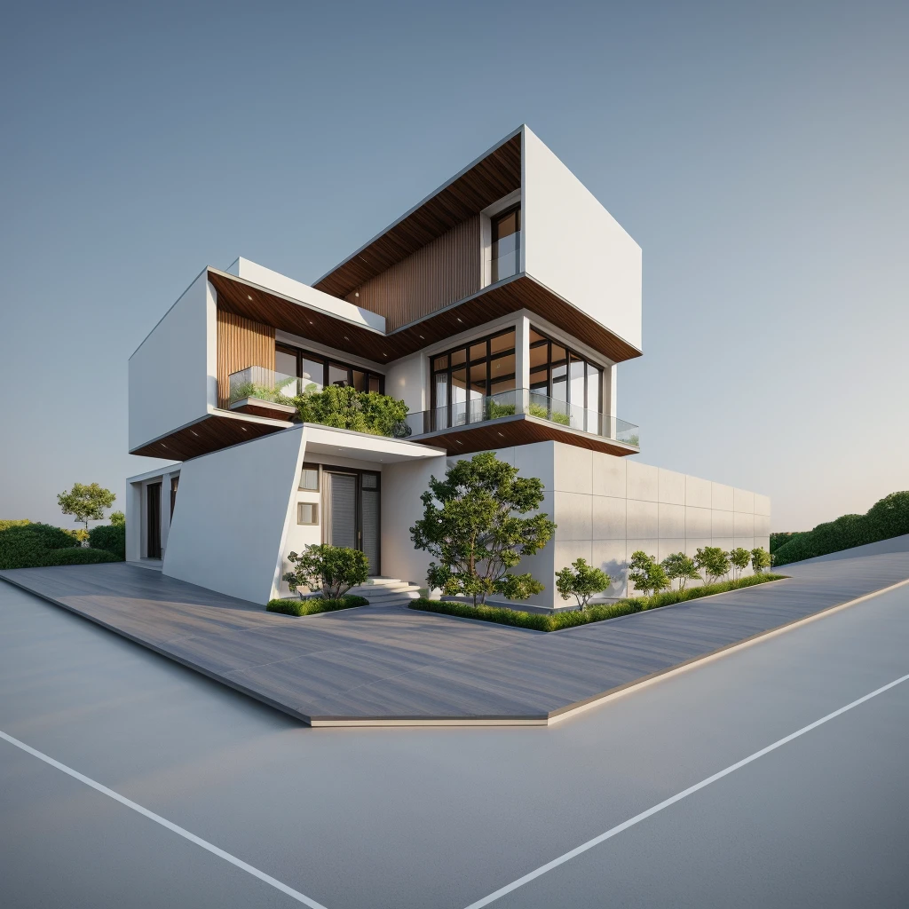 PLATFORM KTHOUSE, 1 morden villa, main material of villa about build color wall:1.2 glass panel:1.1 and stone:1.2, 1large yard, 1 road runs in front of the house, (RAW photo, real, best quality, masterpiece:1.2), look morden minimalist, 1 road in front of the house, dynamic lighting:1.3, (hyper realistic, photo-realistic:1.2), high quality, (dark lighting:1.2), perfect lighting, archdaily, no human