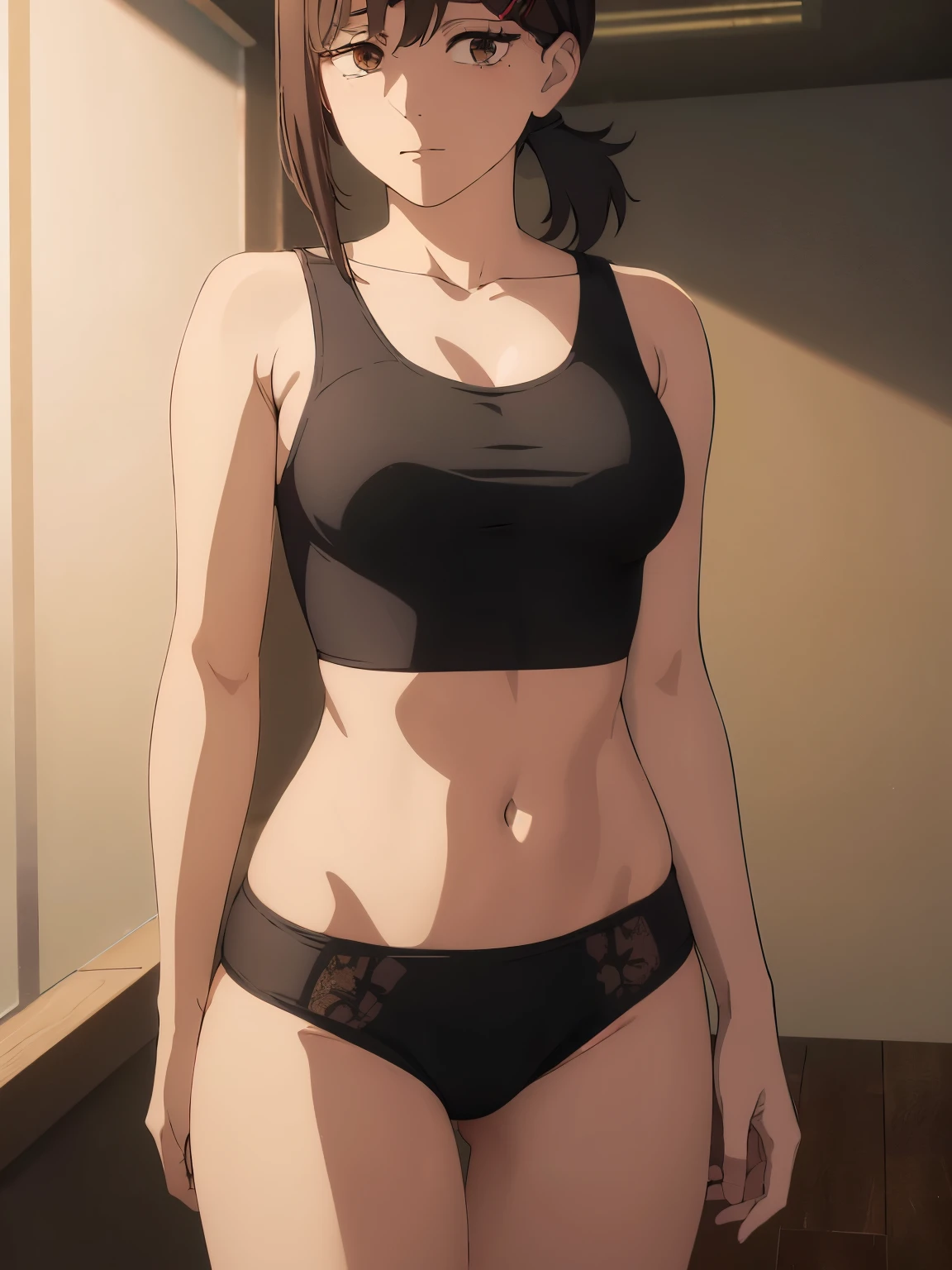 1 girl, alone, kobeni higashiyama, black hair, hair ornament, hair clip, mole, mole under the eye, ponytail, short hair, (brown eyes: 1.5), (white underwear), bare navel, bare shoulders, indoors, office, medium breasts, medium waist, wide hips, wide thighs, round butt, looking at viewer, head-on, (interior: 1.2), ( office:1.2), window, (lighting: 1.2), (Masterpiece: 1.2), Best Quality, High Resolution, Unity 8K Wallpaper , (Artwork: 0.8), (Beautiful and detailed eyes: 1.6), Extremely detailed Face, Perfect Lighting, Extremely detailed CG, (Perfect Hands, Perfect Anatomy), ((small boobs)), crying