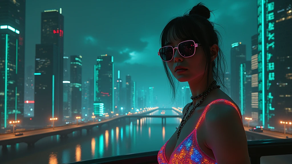(((a medium-breast bikini slim GIRL with black micro sunglasses))), a balcony of a futuristic building, aerial view of an ultra-futuristic megalopolis, many metal buildings and houses in dark colors from dark blue to black, a cidade tem tons de cinza metal, has smoky metal structures , industrial environment with smoke and fog around, carros escuros nas ruas, desert megalopolis, trilhos e trens modernos de de metal passando estre as ruas da cidade, tall futuristic metal buildings, many ultra modern buildings around, realistic, detailed, Science fiction
