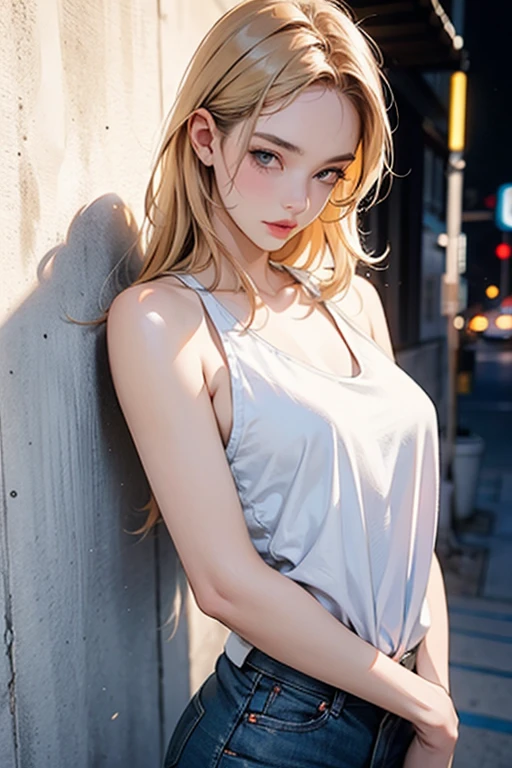 Blonde girl posing with ponytail and white top posing for photo, real life girl, pretty girl, beautiful blonde girl