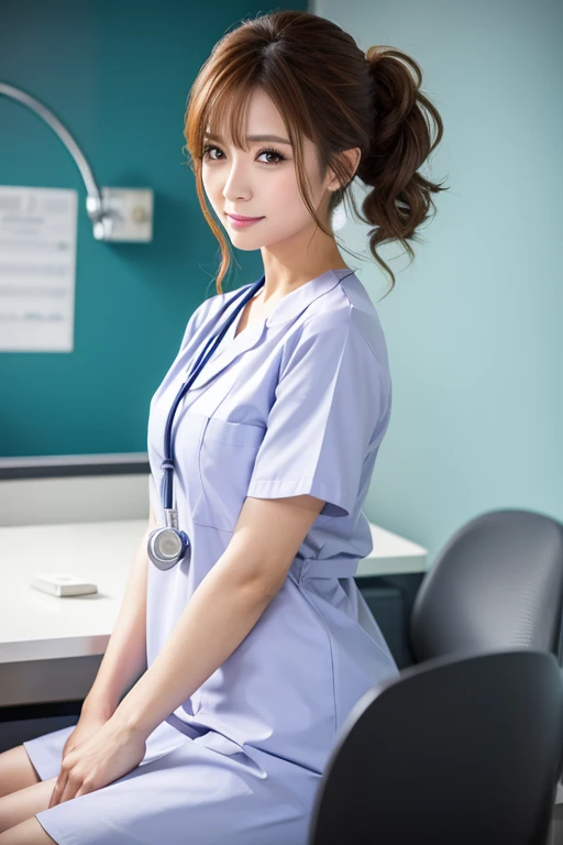 highest quality, masterpiece, high detail, 16K quality, beautiful , ライトブラウンのbeautiful目, 豊満なbig breasts, she is looking at the camera, Enchanted expression, ((nurse:1.3)), very cute, mini skirt, In the examination room of the hospital, big breasts, (RAW photo、highest quality、masterpiece:1.2)、(realistic、Photoreal:1.37)、super detailed、超A high resolution、1 girl、see the beholder、beautiful and detailed face、laughter、narrow、(slim waist) :1.3)、Beautiful and smooth skin、skin texture、floating hair、professional lighting、human body as a whole、black hair, long hair、Japanese height 、E cup、Smile、24-years-old、nurseキャップ、baby face、young smile、No makeup、thick lips, moisturizing lips、light pink lips、((Her nipples are visible through her white blouse:1.3)), ((Haruna Kawaguchi:1.3)), (holding a syringe in hand:1.25), show panties:1.2