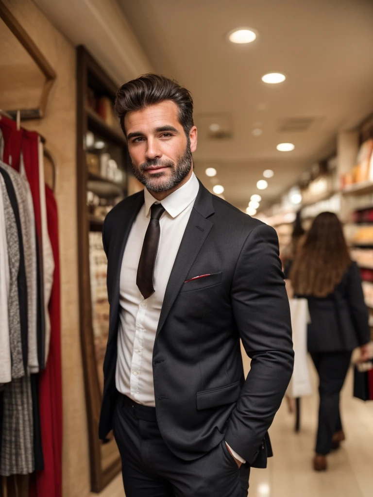 hair, portrait of a ruggedly handsome, muscular, half body, masculine, mature, Retrato de un joven, Muscular very handsome and attractive italian men, Retrato de un joven, real, 40-year-old dark-haired man with a fit body shape and hair, wearing a suit and tie, shopping.