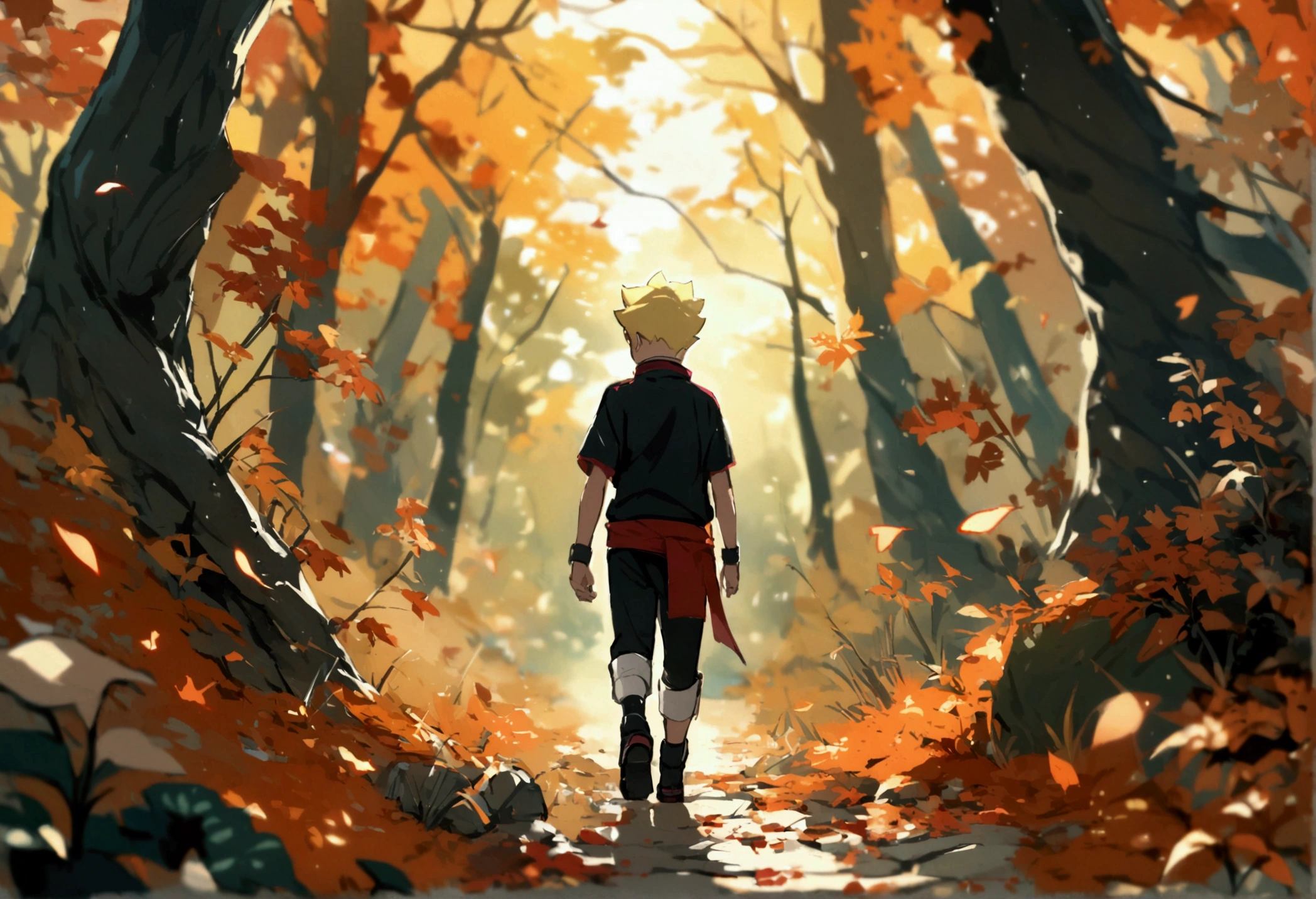 Boruto,boy,solo,age 12,blonde hair,spicky short hair,walking in forest and leaves,boruto uzumaki