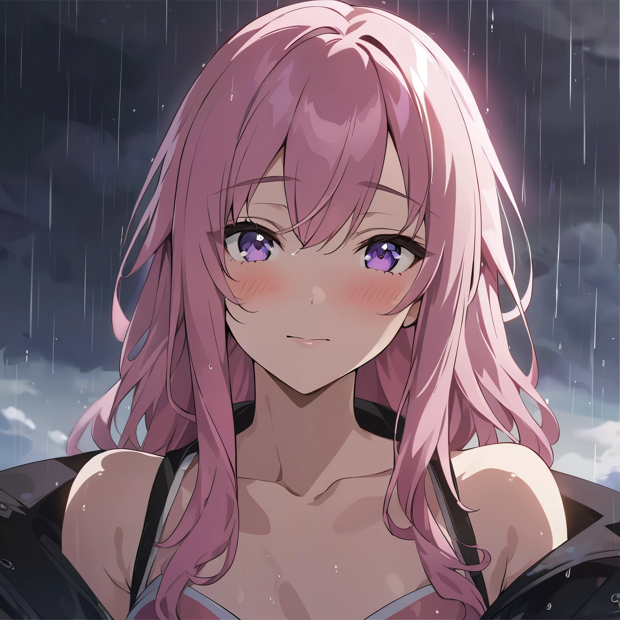 masterpiece，high resolution，Anime Art，Anime Numbers， 4k anime wallpaper，Radiant Skin，Looking at the camera，Solitary，An anime girl，blush，Pink Hair，Purple Eyes，Facing the audience，Upper body close-up，Rainy Day，Cloudy background