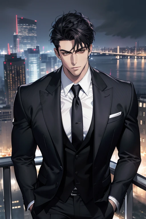 (absurdres, highres, ultra detailed, realistic, ), 1 male, solo, adult, mature, tall muscular guy, broad shoulders, handsome, very short hair, black hair, brown eyes, angular jaw, thick neck, thick eyebrows, night, dark, the night view of the city background, formal suit, necktie, upper body