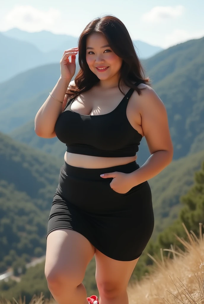 (nsfw),black medium hair,wavy hair,(armpit focus:1.3),(saggy and gigantic breasts),(tendes smile),(sleeveless lifted up blouse),(tanned skin),puffy brown nipples,28 years old,arm up,(black armpit hair:1.1),thick upper arm,standing in dark back alley,dark offstreet,(curvy body:1.4),(red skirt),seductive and mature woman,beautiful and adult face,japanese woman,(at dark midnight:1.5),earing,