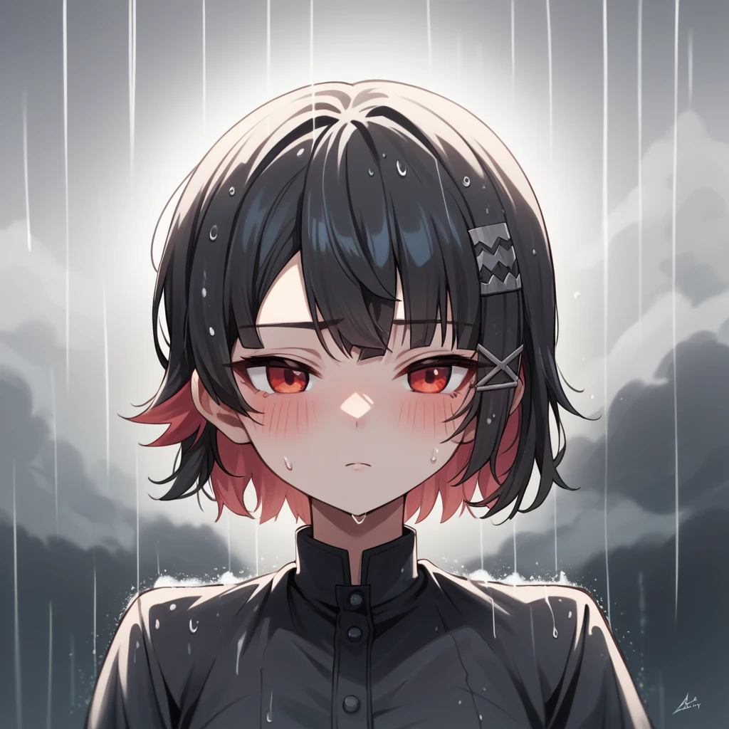 masterpiece，high resolution，Anime Art，Anime Numbers， 4k anime wallpaper，Radiant Skin，Looking at the camera，Solitary，An anime girl，blush，Black hair，Striped hair，Dark spots under red eyes，Facing the audience，Upper body close-up，Rainy Day，Cloudy background