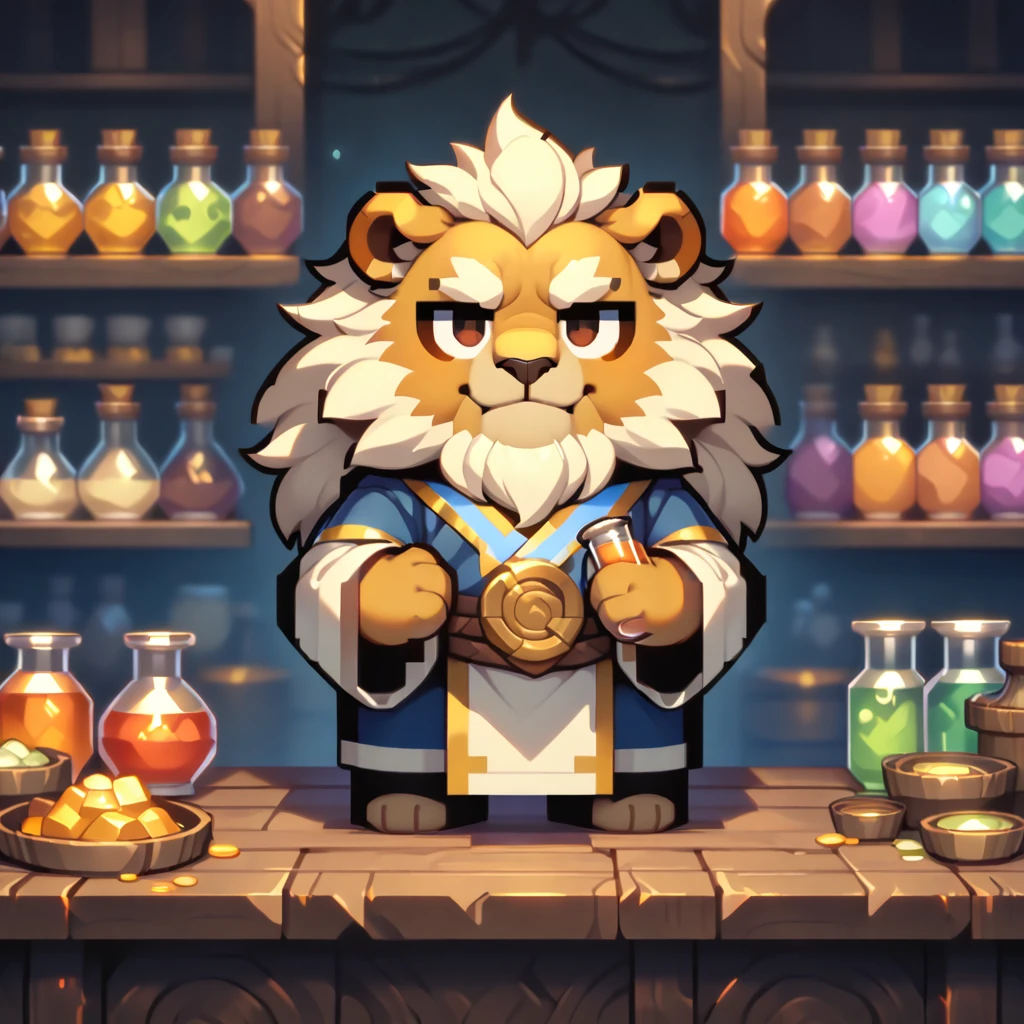 masterpiece, best quality, very aesthetic, absurdres, BREAK noise reduction, BREAK pixel art, chibi, [face:full body:10], looking away, from above, alchemist, plump middle-aged lion man, fluffy body, tail, brown eyes, beautiful beard, male face, big face, square jawline, male eyes, sharp eyes, big eyes, male eyebrows, innocent look, BREAK little smile, standing, shaking a test tube, elegant pose, BREAK [simple background::12], alchemy shop, indoor, 