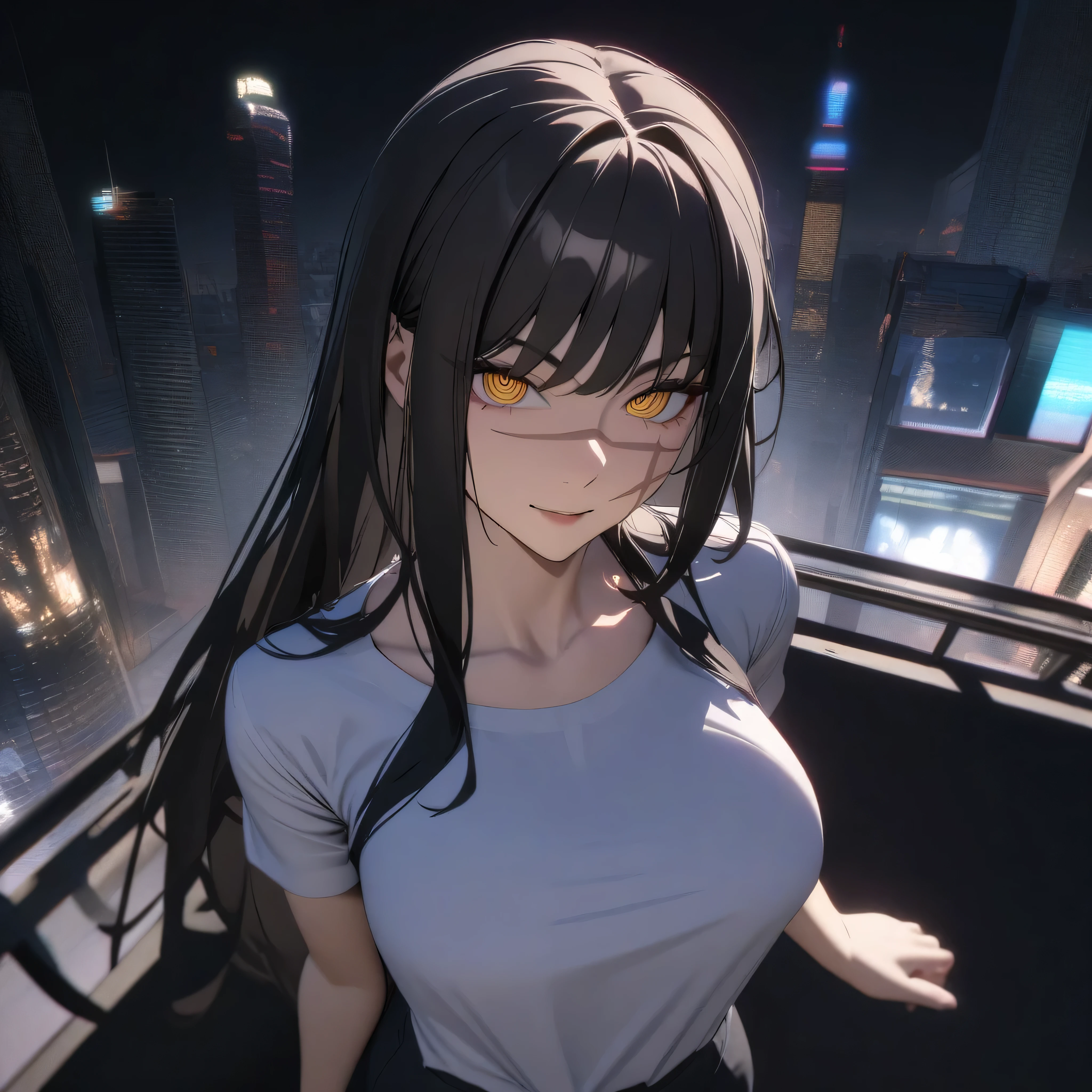 (masterpiece), 1girl, yoru, chainsawman, expressive eyes, perfect face, black hair, long hair, golden eyes, scar, well endowed body, wide hips, detailed eyes, perfect anatomy, ray tracing, UHD, (cinematic:1.2), shirt , pants, (best quality), (ultra detailed), (cimematic lighting) , (very aesthetic), (absurdres), newest, ultra fine, city