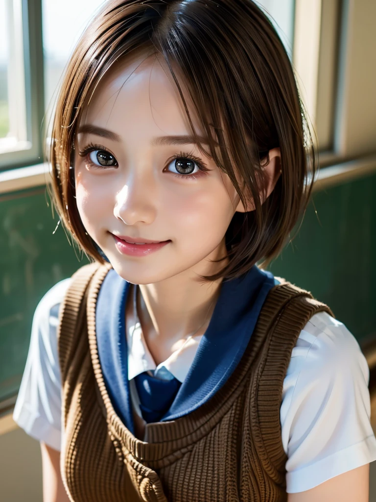 1girl, beautiful detailed eyes,balanced eyes,beautiful detailed lips, extremely detailed face, ultra-detailed, 4k, 8k, masterpiece, photorealistic, vibrant colors, warm lighting, soft focus, idol, (Hinatazaka46 school uniform, ultra-short hair:1.5), smiling, 20 years old, cute, adorable, cheerful expression, realistic, cinematic lighting, elegant, beautiful, charming, lovely