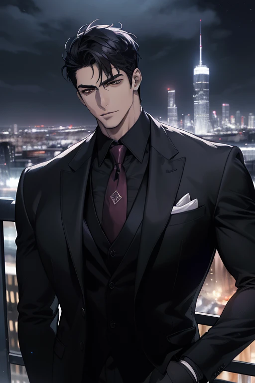 (absurdres, highres, ultra detailed, realistic, ), 1 male, solo, adult, mature, tall muscular guy, broad shoulders, handsome, very short hair, black hair, brown eyes, angular jaw, thick neck, thick eyebrows, night, dark, the night view of the city background, formal suit, necktie, upper body