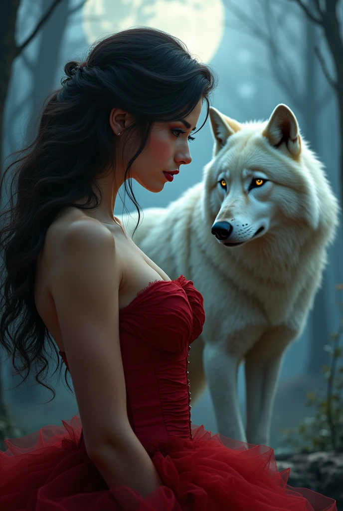 a beautiful wolf-woman runs her new claw across her chest to reveal the fur underneath her clothing as she transforms into a werewolf
