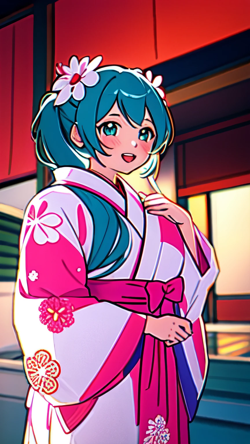 Reflections of Lumens, natural lighting, evocative, triadic color scheme, cowboy shot, elegant, voluptuous:0.6, looking at the viewer, 1 girl, female, Alone, blush, open mouth, smile, Teeth, SFW, hatsune_Miku, turquoise hair, turquoise eyes, Twin tails, Yukata, (Pink and white yukata), design, floral design, floral design on Yukata