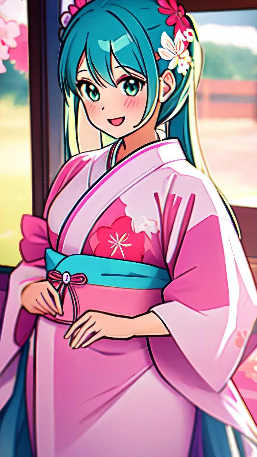 Reflections of Lumens, natural lighting, evocative, triadic color scheme, cowboy shot, elegant, voluptuous:0.6, looking at the viewer, 1 girl, female, Alone, blush, open mouth, smile, Teeth, SFW, hatsune_Miku, turquoise hair, turquoise eyes, Twin tails, Yukata, (Pink and white yukata), design, floral design, floral design on Yukata