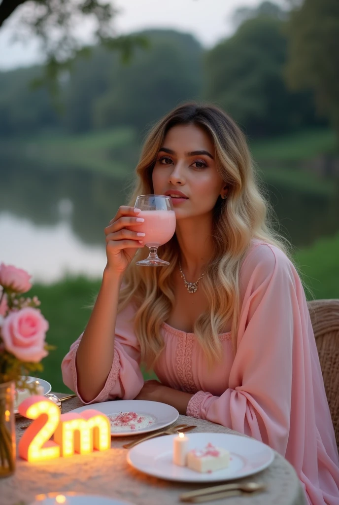 lovely cute young attractive indian girl, brown eyes, cute, an Instagram model, long blonde_hair, colorful hair, , Indian, wearing salwar-kameez and dupatta, background and pose Create an image of a young woman dressed elegantly in a light pink gown, sipping a drink from a glass. The background features a serene outdoor setting with soft evening light, a lake in the distance, and decorative table elements celebrating a milestone with the number "2M" illuminated. The atmosphere blends sophistication and celebration, capturing a peaceful yet festive mood.