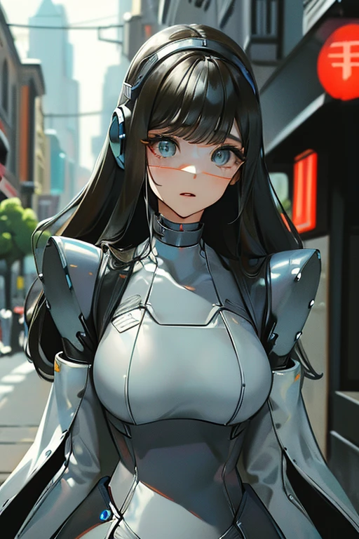 (masterpiece),(Highest quality),(Super detailed),(Best illustrations),(Best Shadow),(Absurd),(Detailed Background),(so beautiful), 16K, 8K, 4K,(Best Shadow),robotization,woman ,big bust,Robot Joint ,Metal skin,Black robot Suit,long hair,a black robot suit that covers the whole body,robot hand,cyber bodysuit,mecha head,(Detailed hands and fingers:1.2),Ball joint robot body,doll joint,beautiful face,beautiful robot girl,robotic eye,robotic hands,(no more human skin),android girl,view from behind,from back,back from award