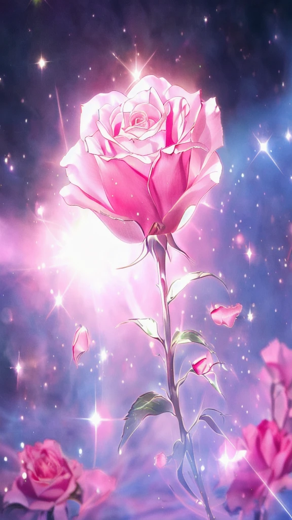 there is a pink Rose with a starburst in the background, melanchonic Rose soft light, Magic Flower, Rose background, Background artwork, Shiny delicate flowers, beautiful anime, pink Rose, 🌺 society, Magic Background, Glowing Flower, Rose, anime wallpaper 4k, anime wallpaper 4k, Sailor Moon. beautiful, Created by Anime Painter Studio, Sailor Moon