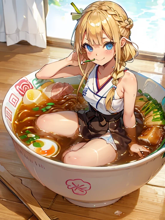 1girl,Alone,blue eyes,blonde hair,braided in the front,Smile,Full body,Shanks,medium breasts,traditional Japanese clothing,minigirl, in food,in the container,in a ramen bowl,Soup, ramen, noodles,no,Meat,Spring onion,partially submerged,Sweet,vapor,japanese background,no shoes,eating from the bowl with chopsticks