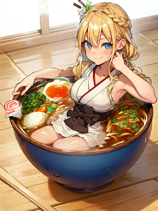 1girl,Alone,blue eyes,blonde hair,braided in the front,Smile,Full body,Shanks,medium breasts,traditional Japanese clothing,minigirl, in food,in the container,in a ramen bowl,Soup, ramen, noodles,no,Meat,Spring onion,partially submerged,Sweet,vapor,japanese background,no shoes,eating from the bowl with chopsticks