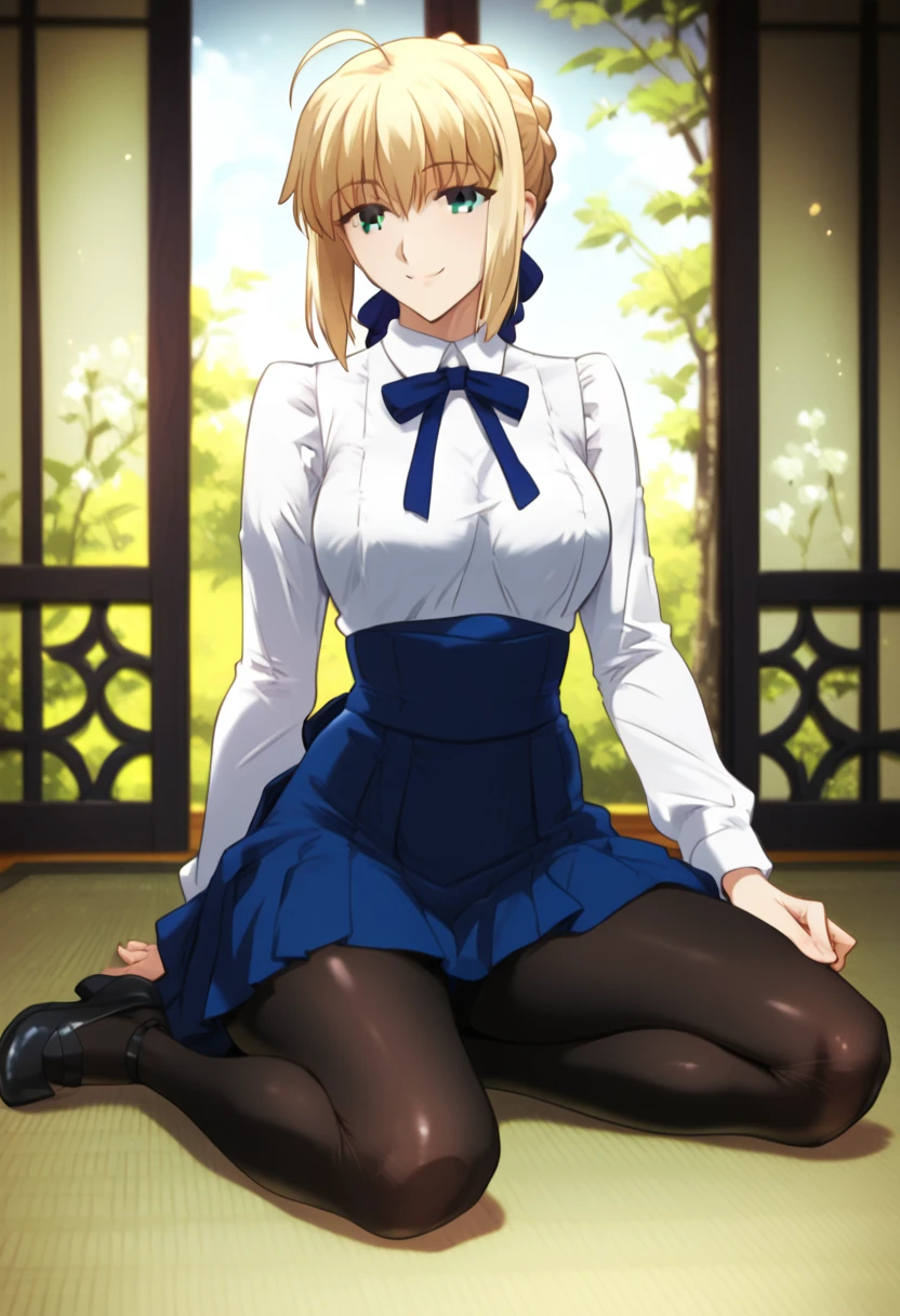 (((unity 8k wallpaper))), (((masterpiece))), (((Best quality))), (full body), (((japanese style room))), sitting, ((((seiza)))), SaberFS, blonde hair, green eyes, short hair, french braid, ahoge, SaberCasual, white shirt, neck ribbon, long sleeves, high-waist skirt, blue skirt, black pantyhose, light smile, soro,,