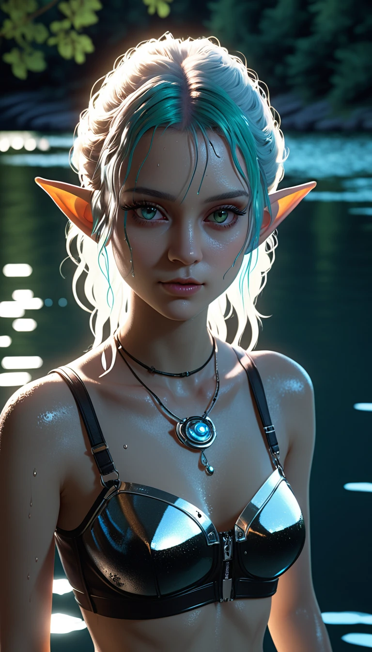 beautiful female elf，Beautiful，moonlight，lake water，wet，transparent，Real light and shadow contrast，Realistic ray tracing，True light falloff，anti-aesthetic style，Poodlepunk, cyberpunk ，Snapshot aesthetic style 