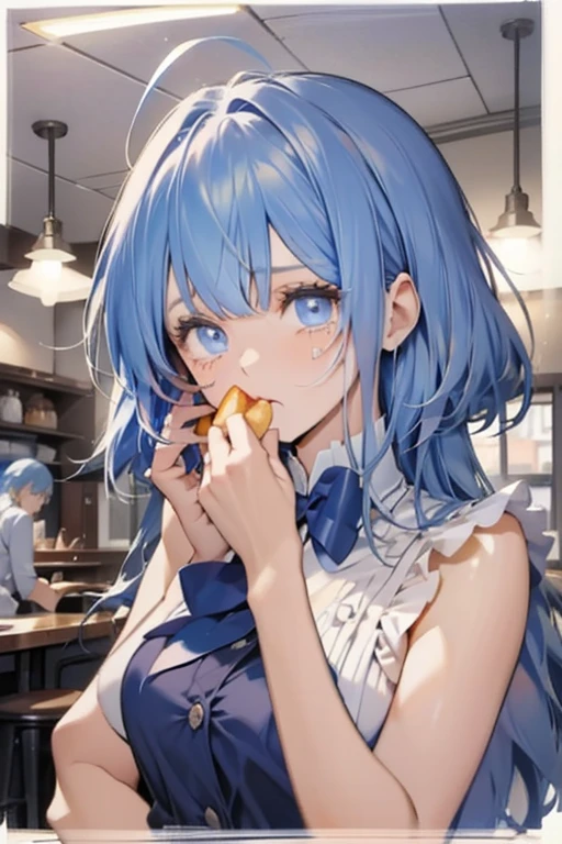 Obra maestra, Mejor calidad, 1 chico, 1 chica, bajo la mesa, fellatio, semen en la boca,pelo azul,agua de konosuba