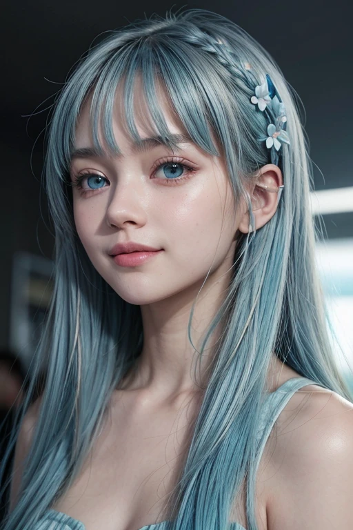 Light blue hair, turquoise eyes, long eyelashes, big red lips, apricot eyes, beauty, girly, curly hair, princess