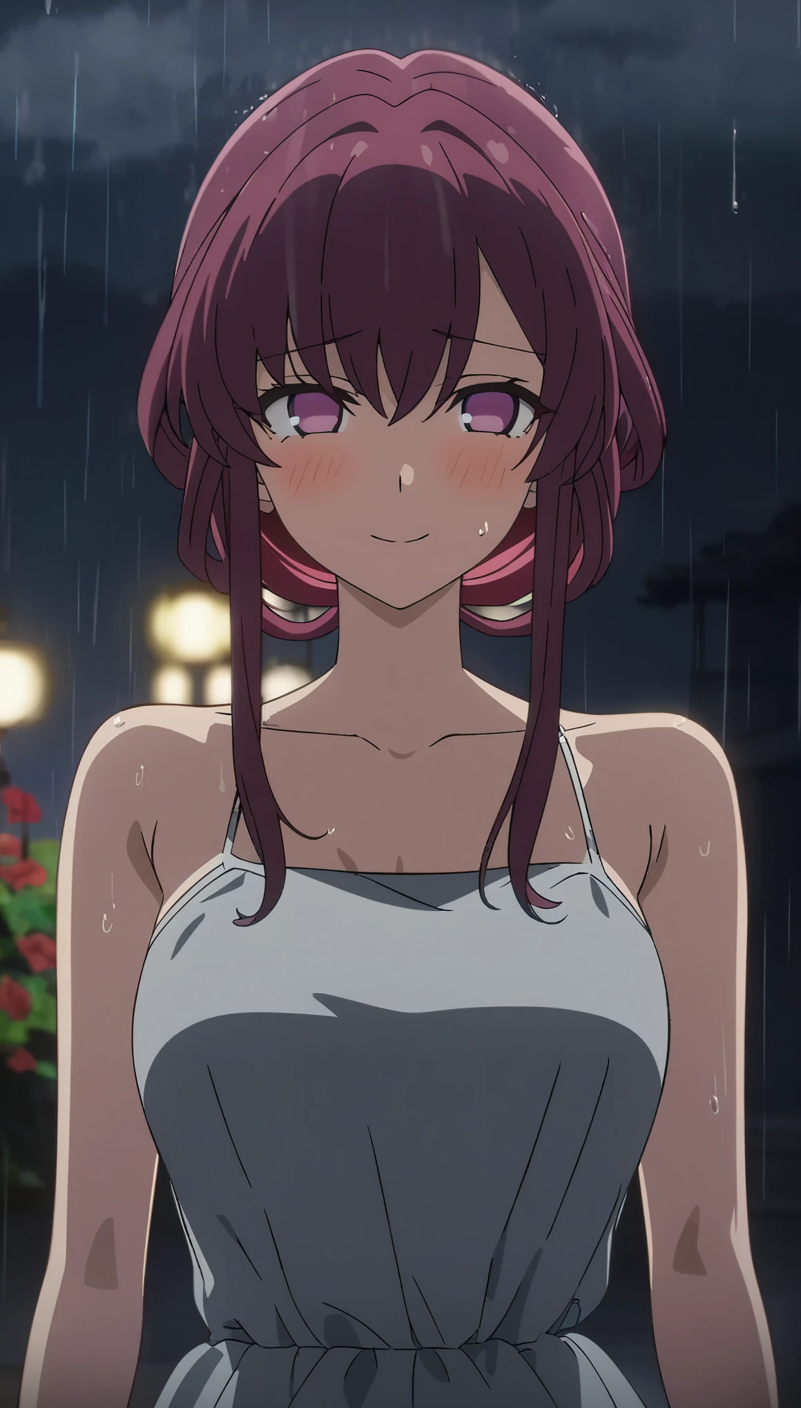 masterpiece，high resolution，Anime Art，Anime Numbers， 4k anime wallpaper，Radiant Skin，Looking at the camera，Solitary，Kafka，An anime girl，blush，Pink Hair，Purple Eyes，Facing the audience，Upper body close-up，Rainy Day，Cloudy background