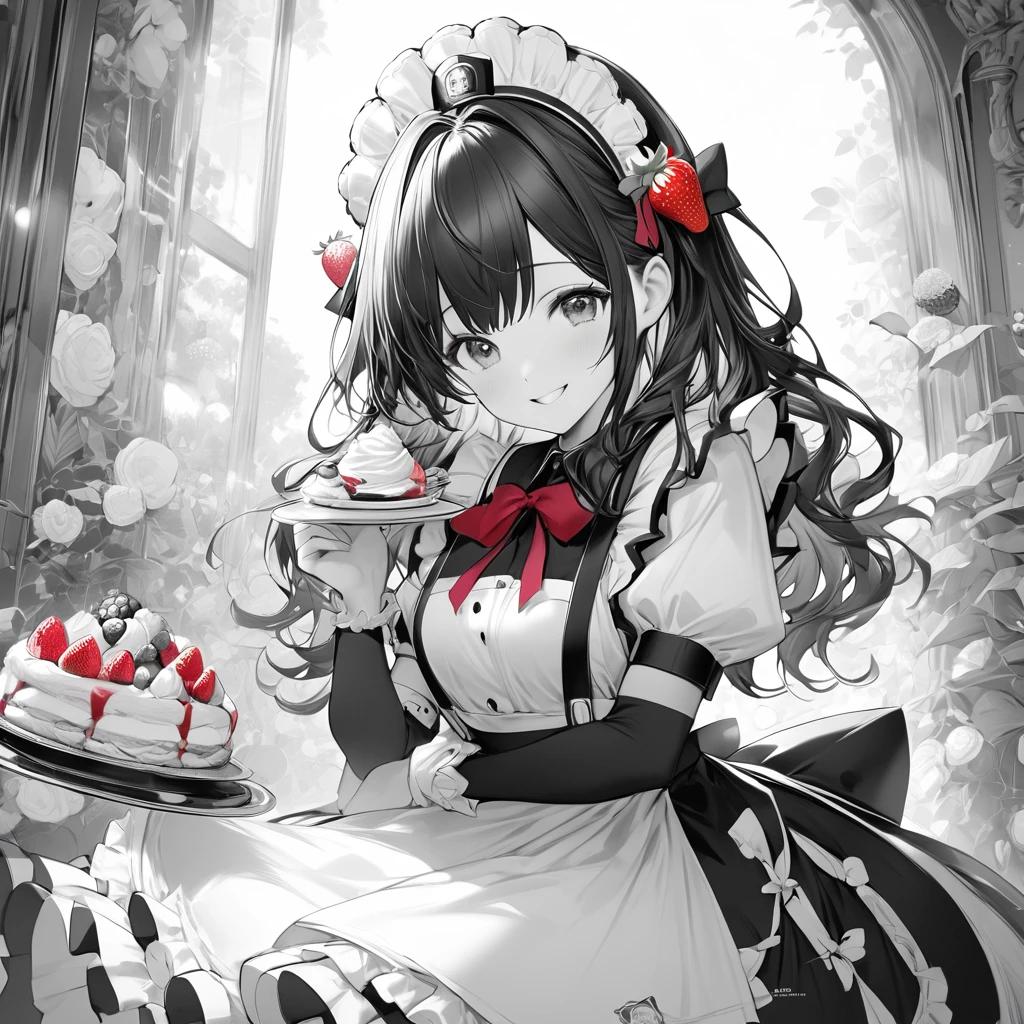 Monochrome Art,Black and white grey,red,redが強調,((redい目,redいいちご)),Strawberry shortcake in hand,Smiling maid,masterpiece,Best Quality,Exquisite,8k,Absurd,Ultra-fine illustrations,Front