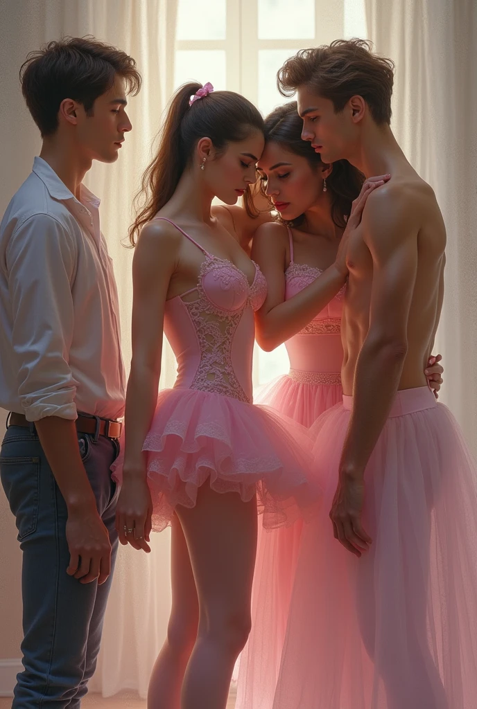 a girl with light brown skin, green eyes and curly brown hair dressed in a pink leotard, WHITE SOCKS, All her clothes torn while a handsome muscular guy with dark blue eyes and raven hair kisses her boobs while their crotches rub against each other in a ballroom with many mirrors where they are reflected 