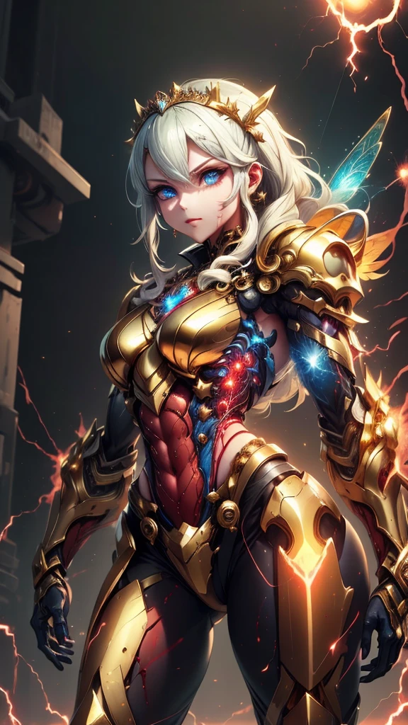 ファンタジー風の全身鎧を身にまとったwoman、Inspired by a crown, Composite Layered Chest Plate, Full shoulder and hand guards, Lightweight waist armor, Close-fitting shin guards, The overall design is sturdy yet flexible, ((The armor is shiny gold, Accented with red and blue accents)), Gives off a noble aura, She floats above a fantastical, surreal, high-tech city, This character is、It embodies a hero wearing fantasy surreal style armor elaborately crafted in anime style.。, Exquisite and mature cartoon art style, (A mix of Queen Bee and Spider concept armor, plasma, Blood), ((element, Energy, elegant, goddess, woman:1.5)), metallic, High resolution, Best Quality, High resolution, Very detailed, Ultra-fine painting, Very delicate, professional, Anatomically correct, Symmetrical face, Very detailed目と顔, High quality eyes, creativity, RAW Photos, 超High resolution, 32K, Natural Light, Cinema Lighting, masterpiece-anatomy-perfect, masterpiece:1.5